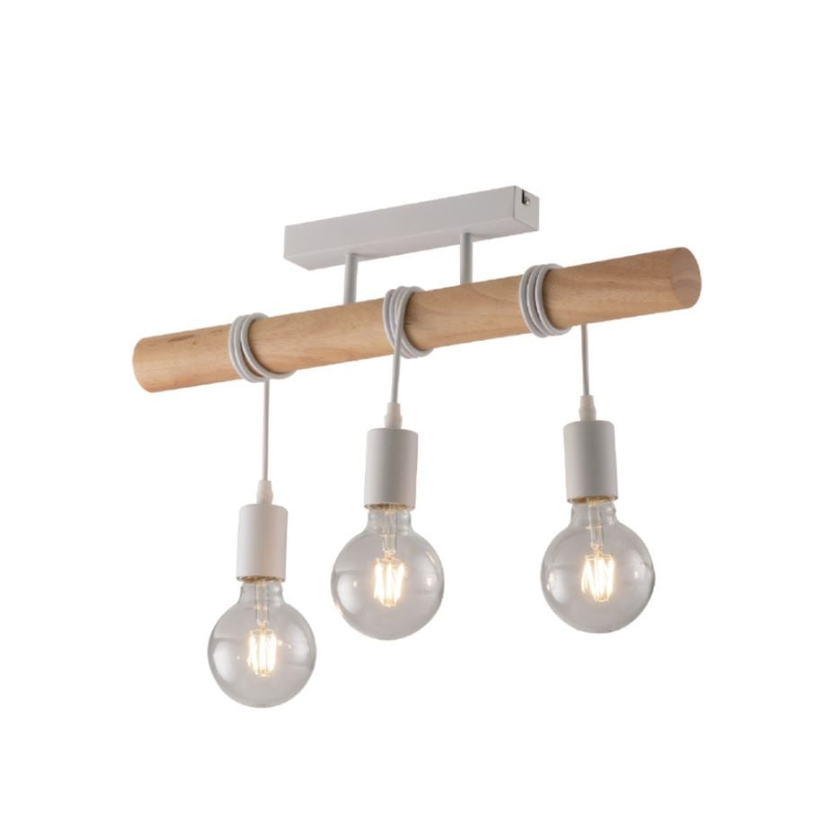 Plafoniera 3 luci struttura legno naturale montatura metallo bianco 3XE27 non incl. ARIZONA