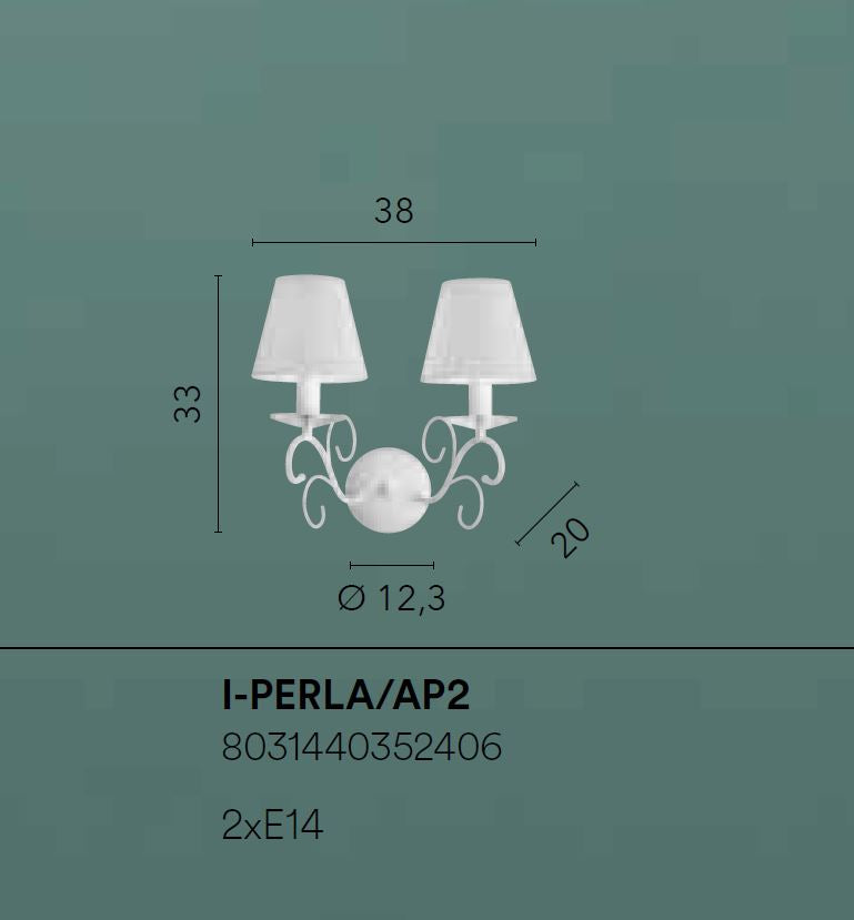 Applique 2 luci metallo bianco cristalli K9 paralumi lavorati bianchi 2XE14 non incl. PERLA