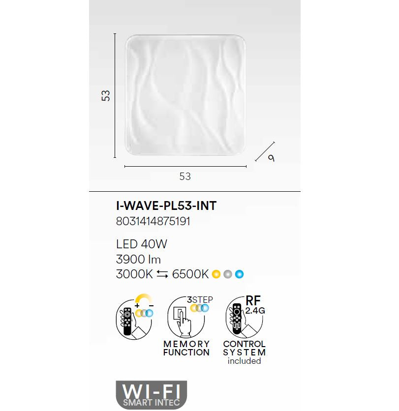 Plafoniera LED WIFI quadrata in acrilico con linee in rilievo cielo stellato CCT 40W 3900LM WAVE