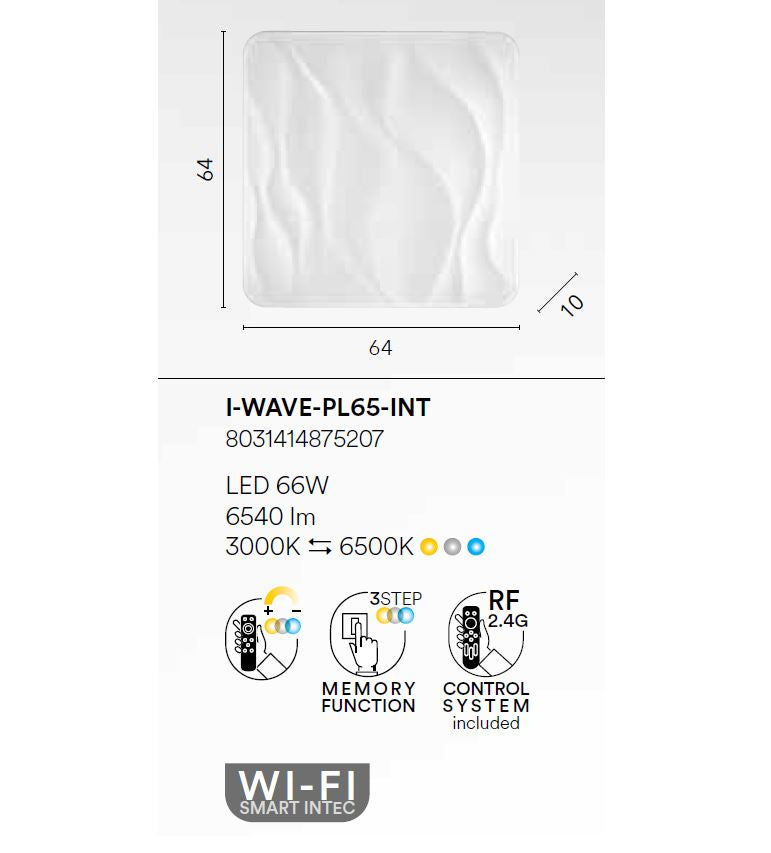 Plafoniera LED WIFI quadrata in acrilico con linee in rilievo cielo stellato CCT 66W 6540LM WAVE