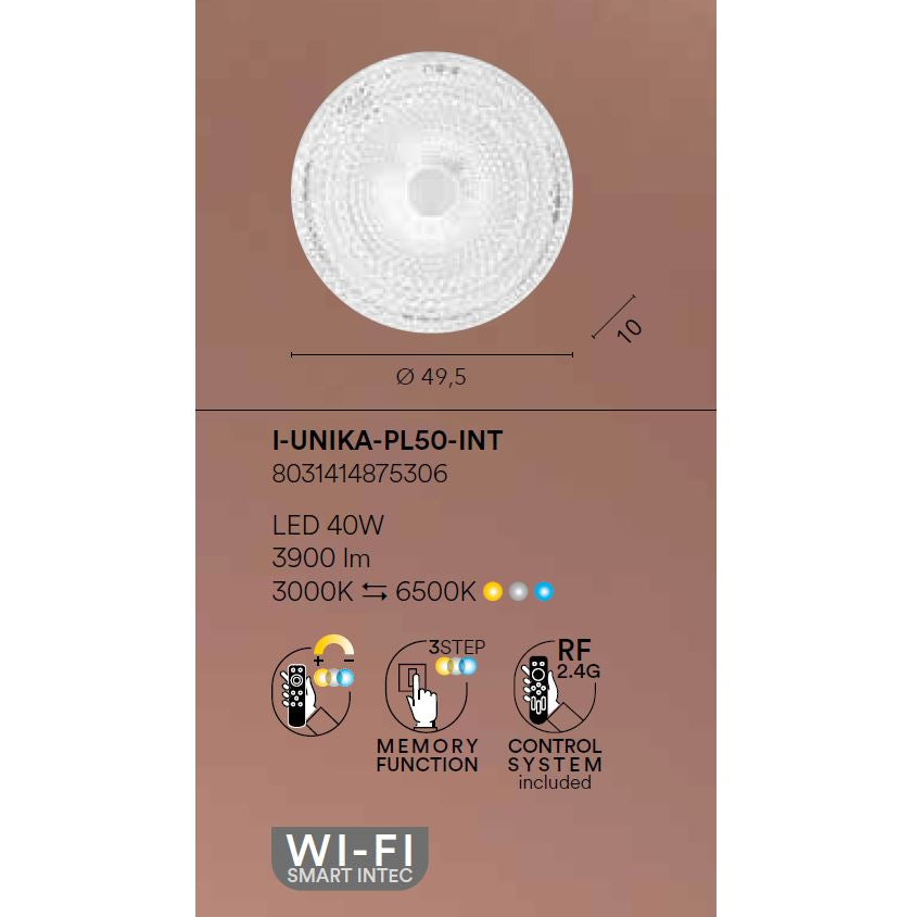 Plafoniera LED WIFI in acrilico con diffusore effetto diamantato D.50cm CCT 40W 3900LM UNIKA