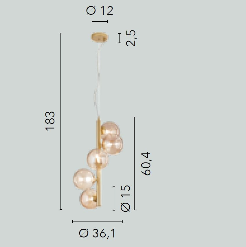 Sospensione 5 luci in metallo con sfere in vetro soffiato champagne o fumè 5XG9 non incl. MIELE