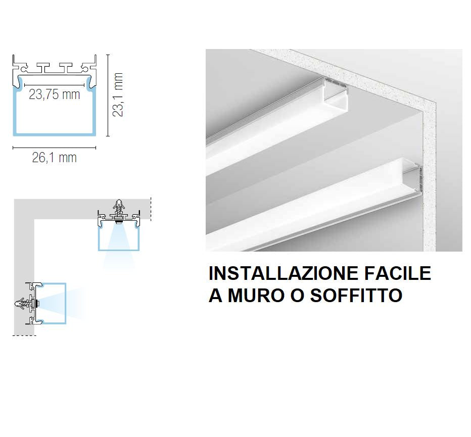 Profilo in alluminio 2 metri da parete/soffitto con diffusore opale tappi e staffe incl. LOOP