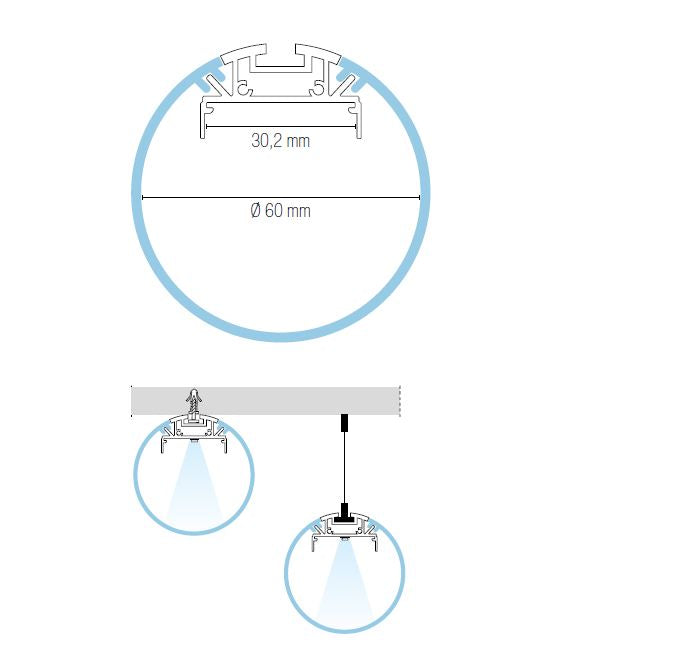 Profilo alluminio 2 metri cilindro da muro/soffitto/sospensione diffusore opale 180° tappi e staffe incl. TUBE