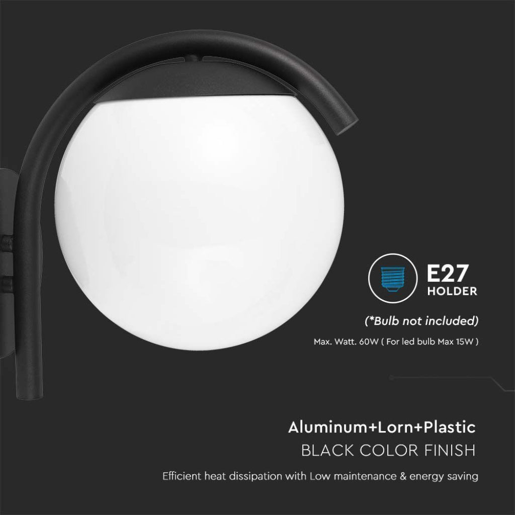 V-TAC Lampada LED da Muro con Sfera Opale e Portalampada E27  Colore Nero Opaco IP44