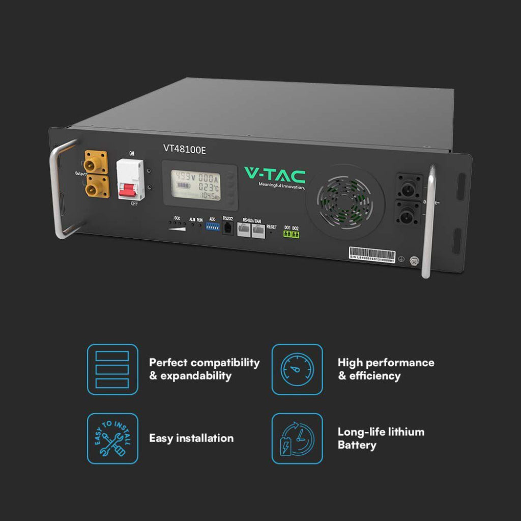 V-TAC Batteria di Accumulo 5.12kWh al Litio-Ferro-Fosfato LiFePO4 BMS Integrato Modulo da Rack per Inverter Fotovoltaici CEI 0-21 51.2V 100Ah Garanzia 10 Anni