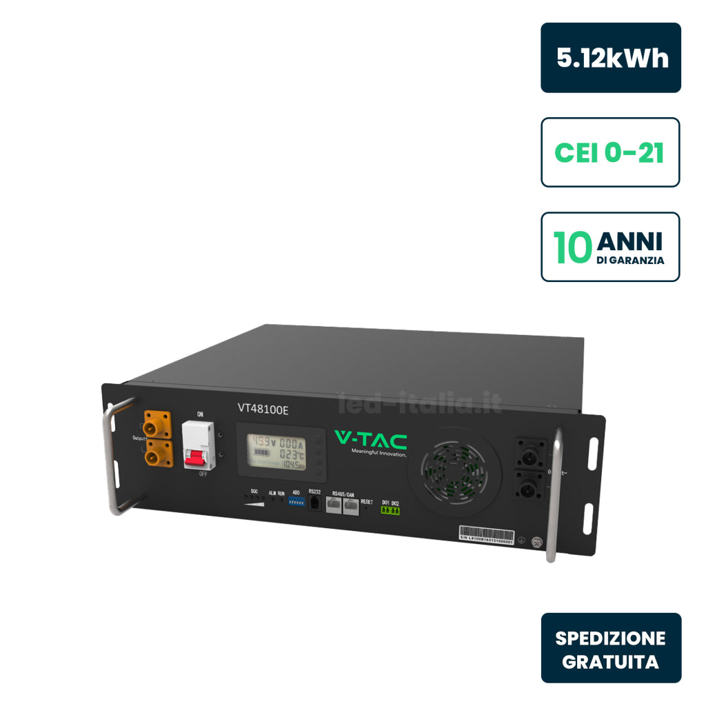 V-TAC Batteria di Accumulo 5.12kWh al Litio-Ferro-Fosfato LiFePO4 BMS Integrato Modulo da Rack per Inverter Fotovoltaici CEI 0-21 51.2V 100Ah Garanzia 10 Anni