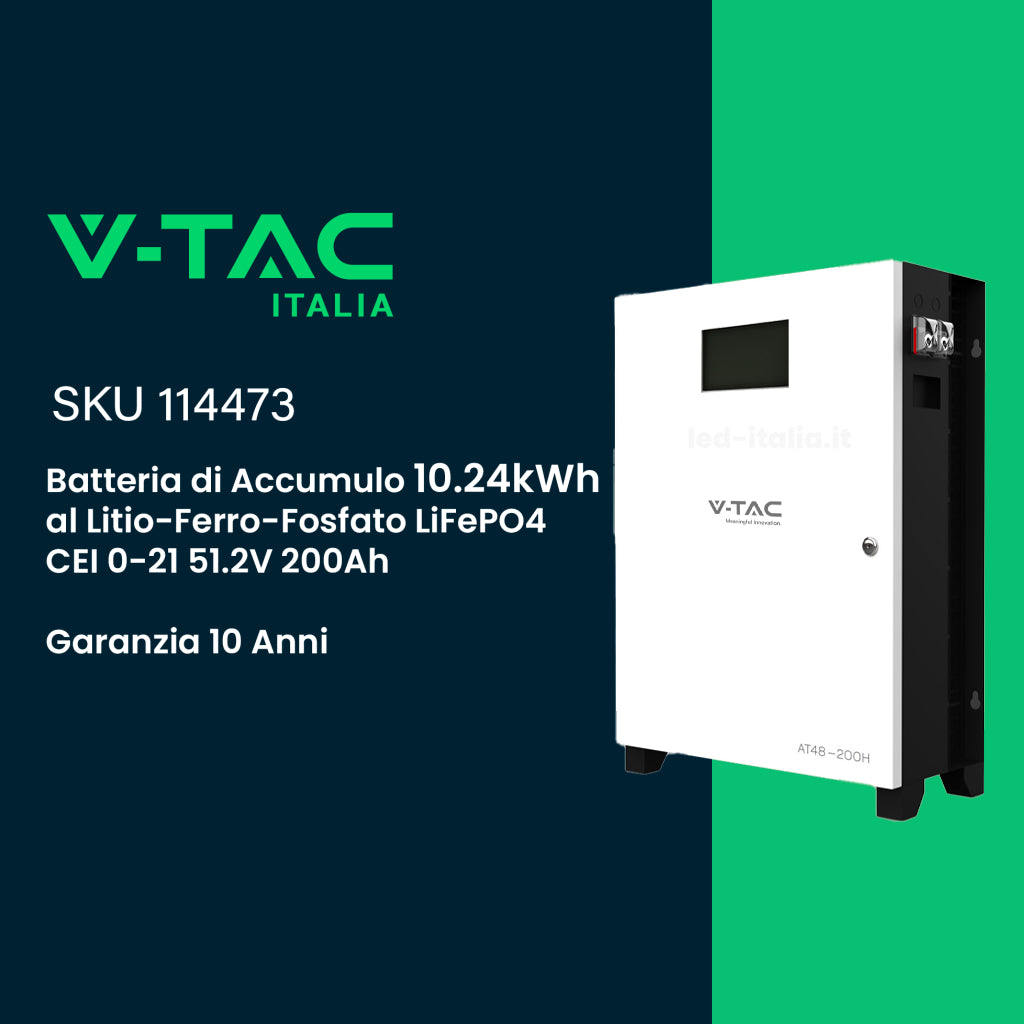 V-TAC Batteria di Accumulo 10.24kWh al Litio-Ferro-Fosfato LiFePO4 BMS Integrato per Inverter Fotovoltaici CEI 0-21 51.2V 200Ah Schermo Touch Garanzia 10 Anni