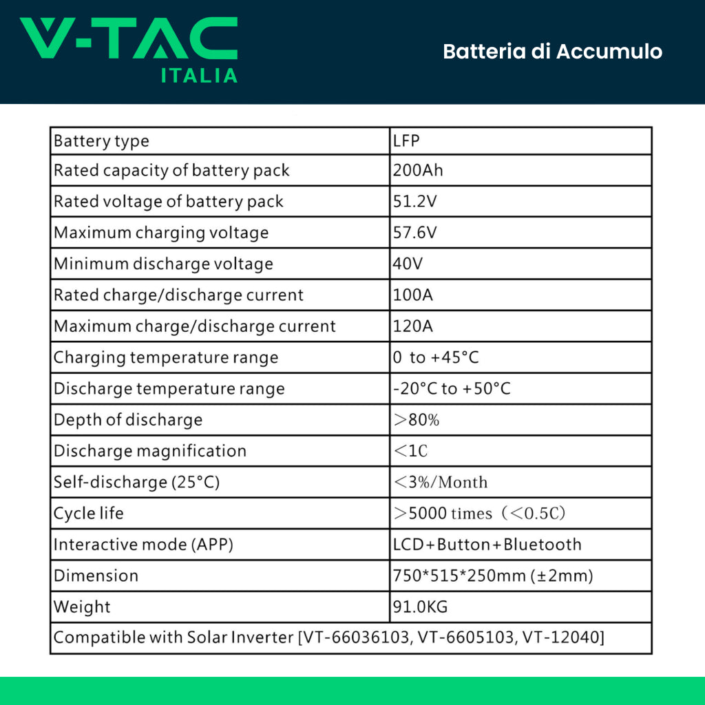 V-TAC Batteria di Accumulo 10.24kWh al Litio-Ferro-Fosfato LiFePO4 BMS Integrato per Inverter Fotovoltaici CEI 0-21 51.2V 200Ah Schermo Touch Garanzia 10 Anni