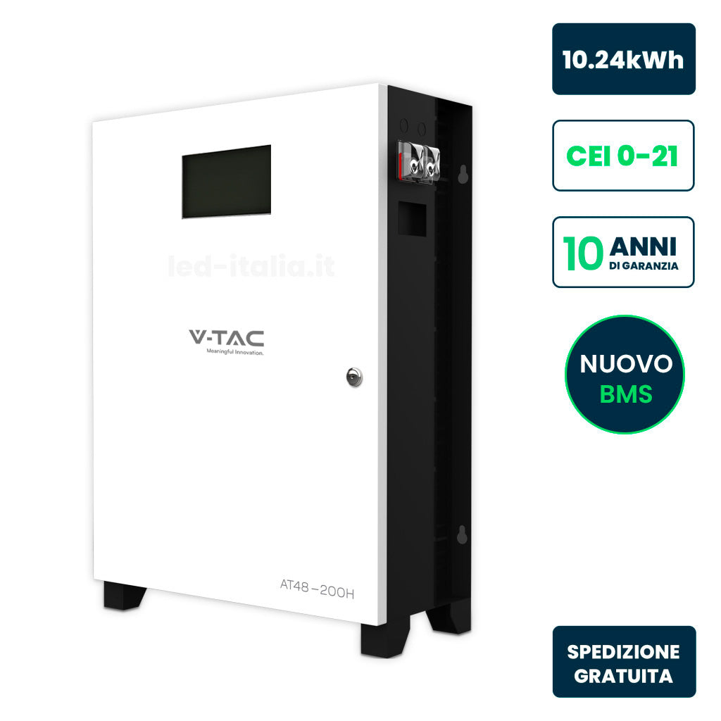 V-TAC Batteria di Accumulo 10.24kWh al Litio-Ferro-Fosfato LiFePO4 BMS Integrato per Inverter Fotovoltaici CEI 0-21 51.2V 200Ah Schermo Touch Garanzia 10 Anni