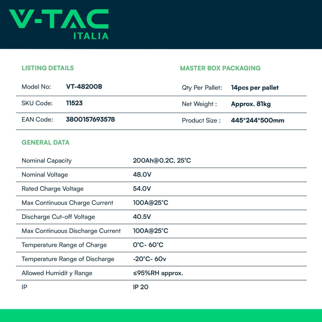 V-TAC Batteria di Accumulo 9.6kWh al Litio-Ferro-Fosfato LiFePO4 BMS Integrato Incluse Staffe per Ancoraggio a Muro per Inverter Fotovoltaici CEI 0-21 48V 200Ah Garanzia 10 Anni