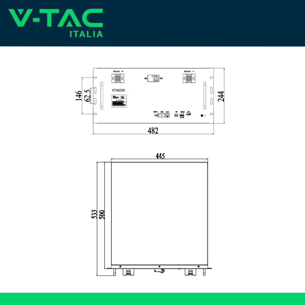 V-TAC Batteria di Accumulo 9.6kWh al Litio-Ferro-Fosfato LiFePO4 BMS Integrato Incluse Staffe per Ancoraggio a Muro per Inverter Fotovoltaici CEI 0-21 48V 200Ah Garanzia 10 Anni