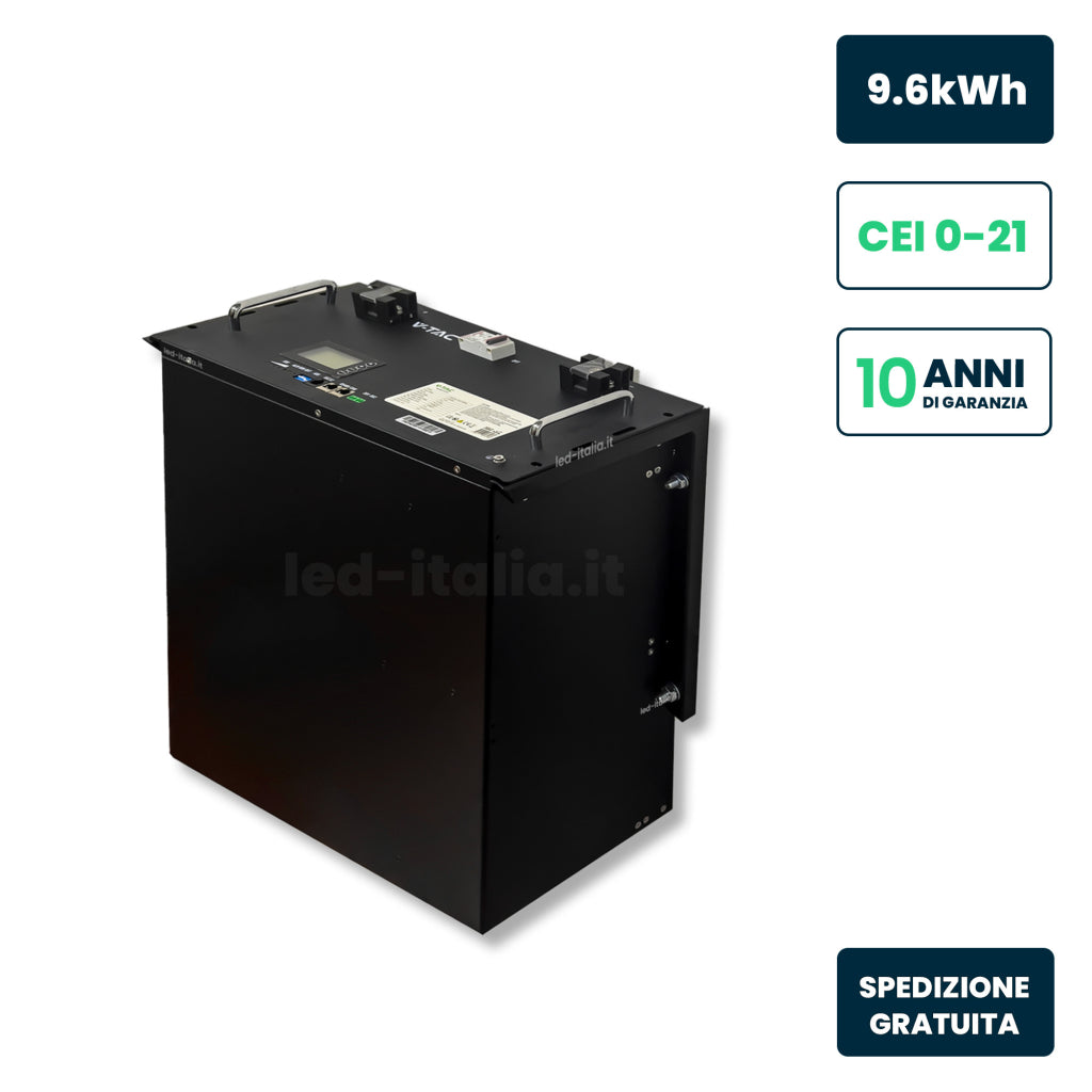 V-TAC Batteria di Accumulo 9.6kWh al Litio-Ferro-Fosfato LiFePO4 BMS Integrato Incluse Staffe per Ancoraggio a Muro per Inverter Fotovoltaici CEI 0-21 48V 200Ah Garanzia 10 Anni