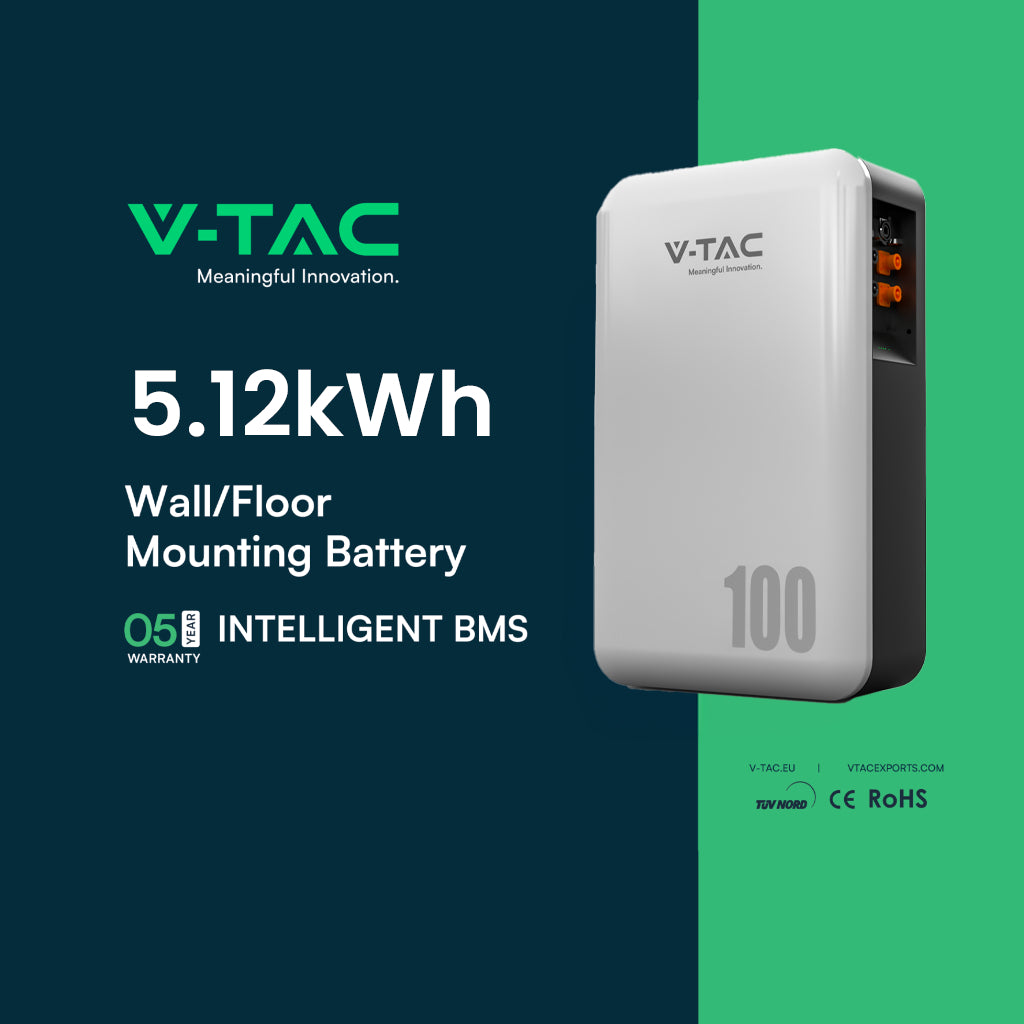 V-TAC Batteria di Accumulo 5.12kWh al Litio-Ferro-Fosfato LiFePO4 BMS Integrato per Inverter Fotovoltaici CEI 0-21 51.2V 100Ah IP65 Garanzia 10 Anni