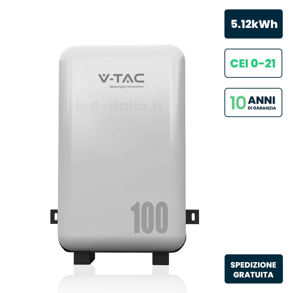 V-TAC Batteria di Accumulo 5.12kWh al Litio-Ferro-Fosfato LiFePO4 BMS Integrato per Inverter Fotovoltaici CEI 0-21 51.2V 100Ah IP65 Garanzia 10 Anni