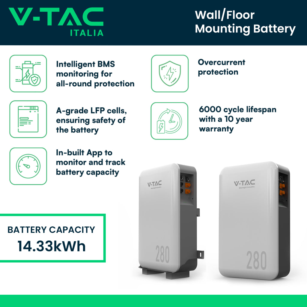 V-TAC Batteria di Accumulo 14.33kWh al Litio-Ferro-Fosfato LiFePO4 BMS Integrato per Inverter Fotovoltaici CEI 0-21 51.2V 280Ah IP65 Garanzia 10 Anni