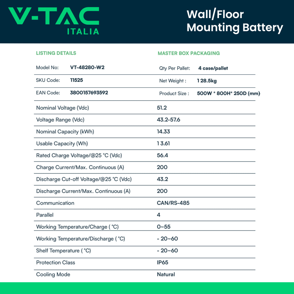 V-TAC Batteria di Accumulo 14.33kWh al Litio-Ferro-Fosfato LiFePO4 BMS Integrato per Inverter Fotovoltaici CEI 0-21 51.2V 280Ah IP65 Garanzia 10 Anni