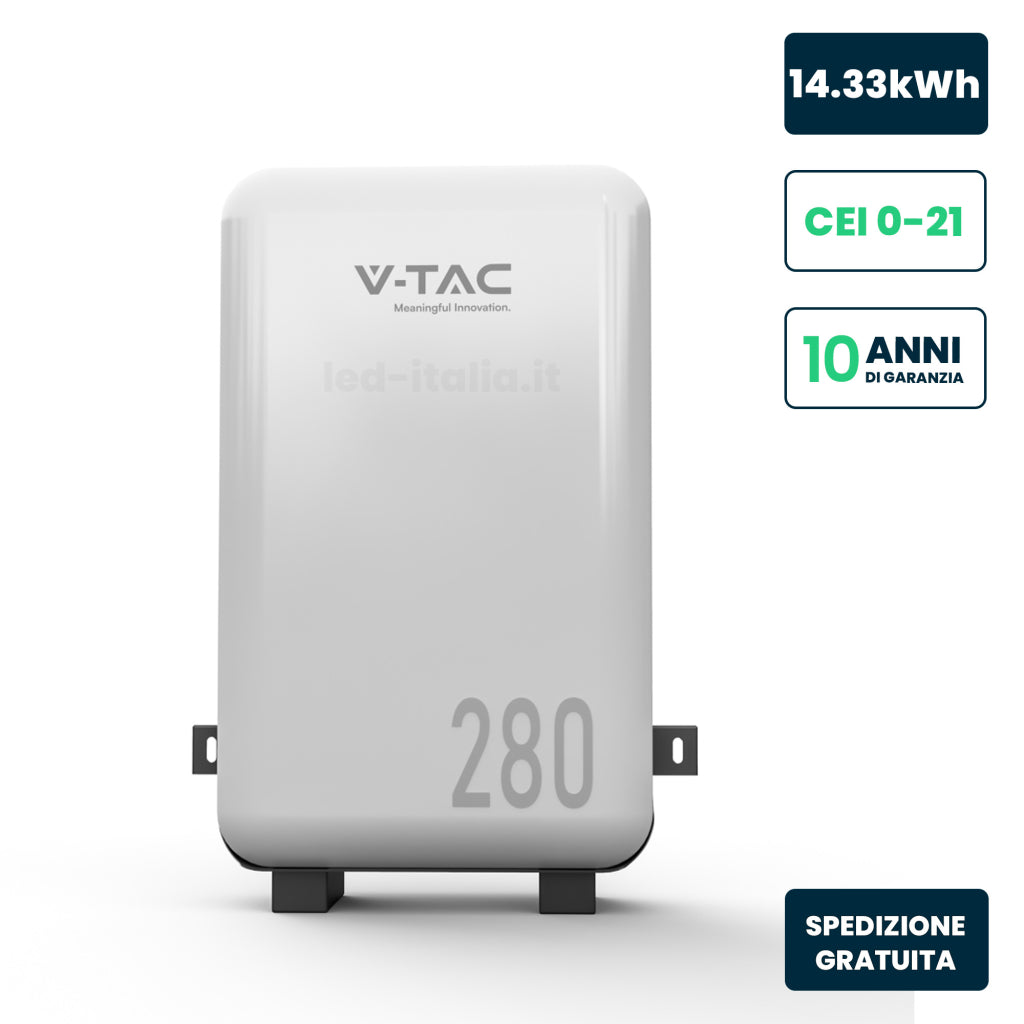 V-TAC Batteria di Accumulo 14.33kWh al Litio-Ferro-Fosfato LiFePO4 BMS Integrato per Inverter Fotovoltaici CEI 0-21 51.2V 280Ah IP65 Garanzia 10 Anni