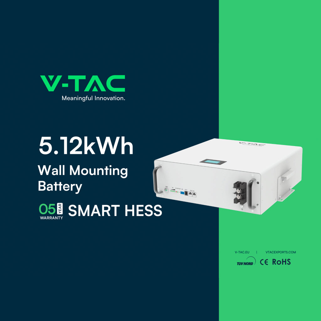 V-TAC Batteria di Accumulo 5.12kWh al Litio-Ferro-Fosfato LiFePO4 BMS Integrato per Inverter Fotovoltaici CEI 0-21 51.2V 100Ah Garanzia 10 Anni