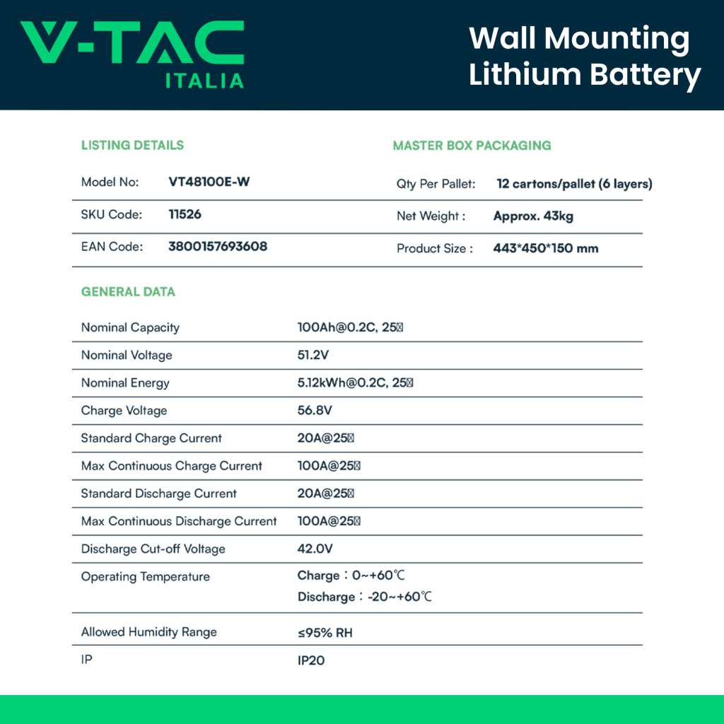 V-TAC Batteria di Accumulo 5.12kWh al Litio-Ferro-Fosfato LiFePO4 BMS Integrato per Inverter Fotovoltaici CEI 0-21 51.2V 100Ah Garanzia 10 Anni