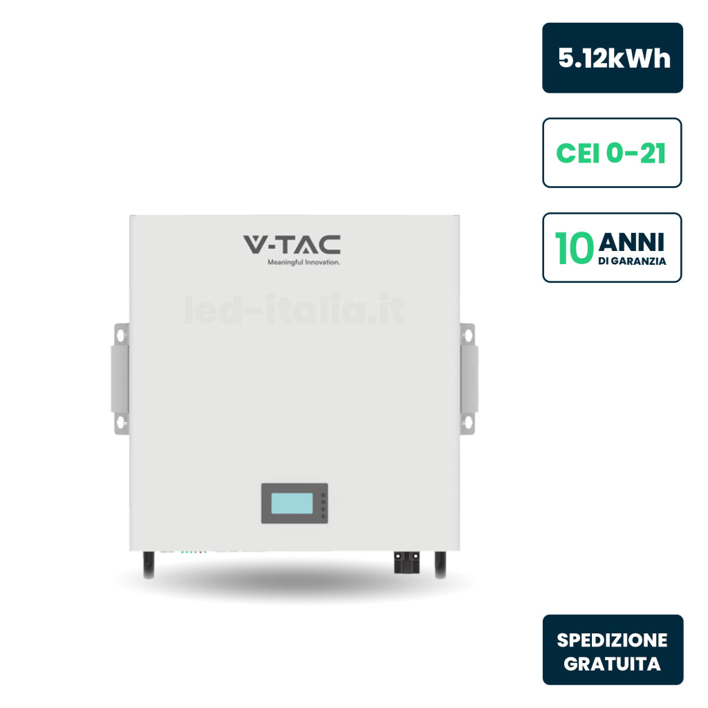 V-TAC Batteria di Accumulo 5.12kWh al Litio-Ferro-Fosfato LiFePO4 BMS Integrato per Inverter Fotovoltaici CEI 0-21 51.2V 100Ah Garanzia 10 Anni