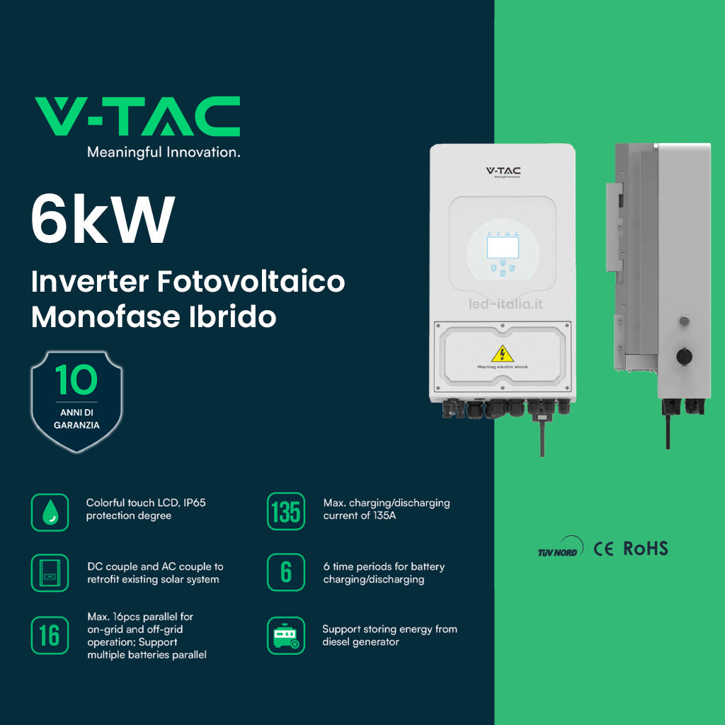 V-TAC Inverter Fotovoltaico Deye Monofase Ibrido On-Grid/Off-Grid 6kW CEI 0-21 con Schermo LCD Touch a Colori, WiFi e TA Inclusi Garanzia 10 Anni IP65