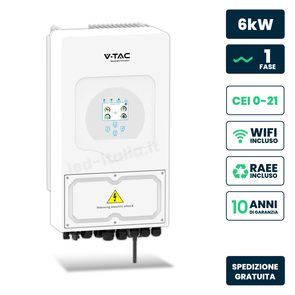 V-TAC Inverter Fotovoltaico Deye Monofase Ibrido On-Grid/Off-Grid 6kW CEI 0-21 con Schermo LCD Touch a Colori, WiFi e TA Inclusi Garanzia 10 Anni IP65