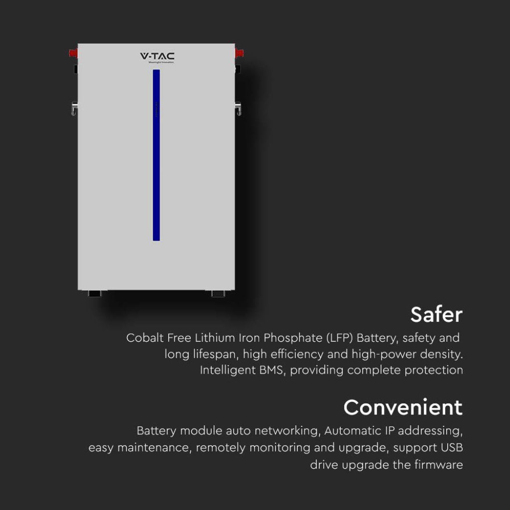 V-TAC Batteria di Accumulo 6.14kWh al Litio-Ferro-Fosfato LiFePO4 BMS Integrato per Inverter Fotovoltaici CEI 0-21 51.2V 120Ah Garanzia 10 Anni IP65