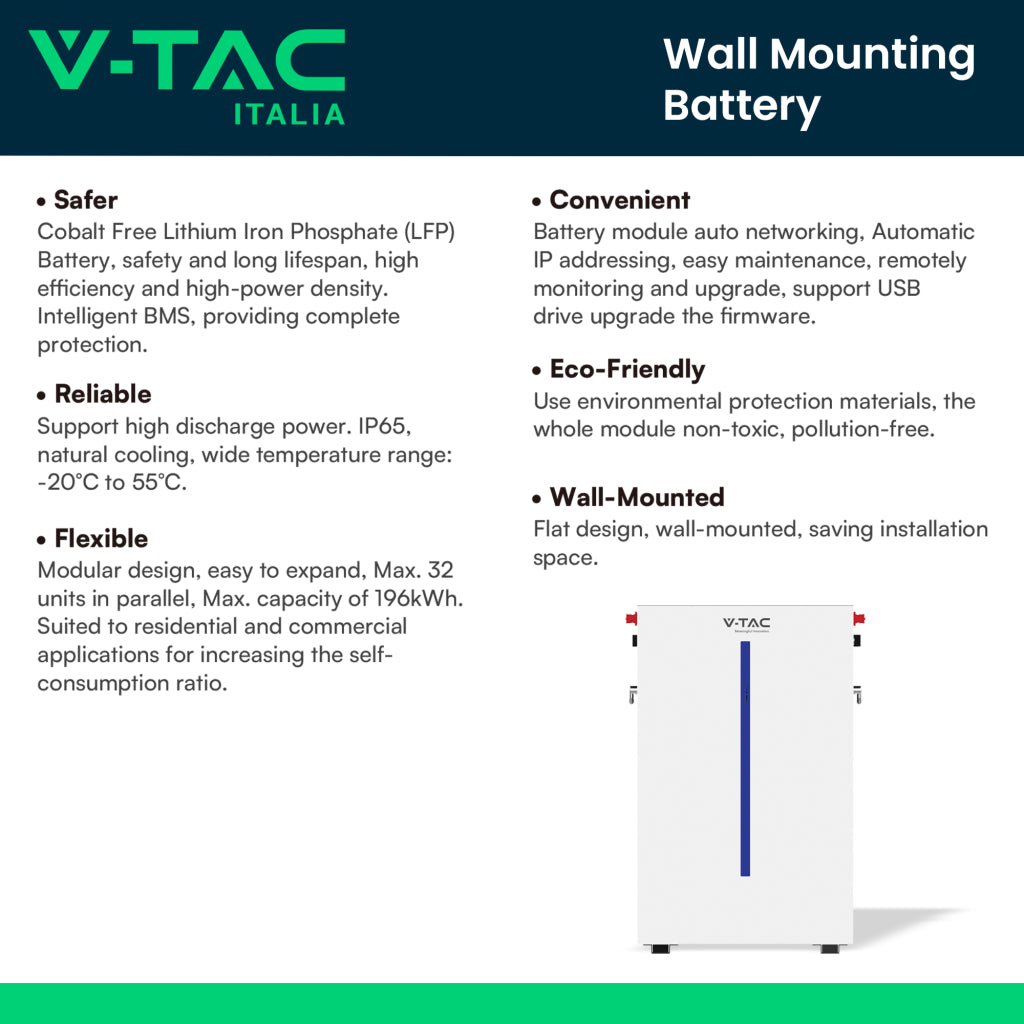 V-TAC Batteria di Accumulo 6.14kWh al Litio-Ferro-Fosfato LiFePO4 BMS Integrato per Inverter Fotovoltaici CEI 0-21 51.2V 120Ah Garanzia 10 Anni IP65