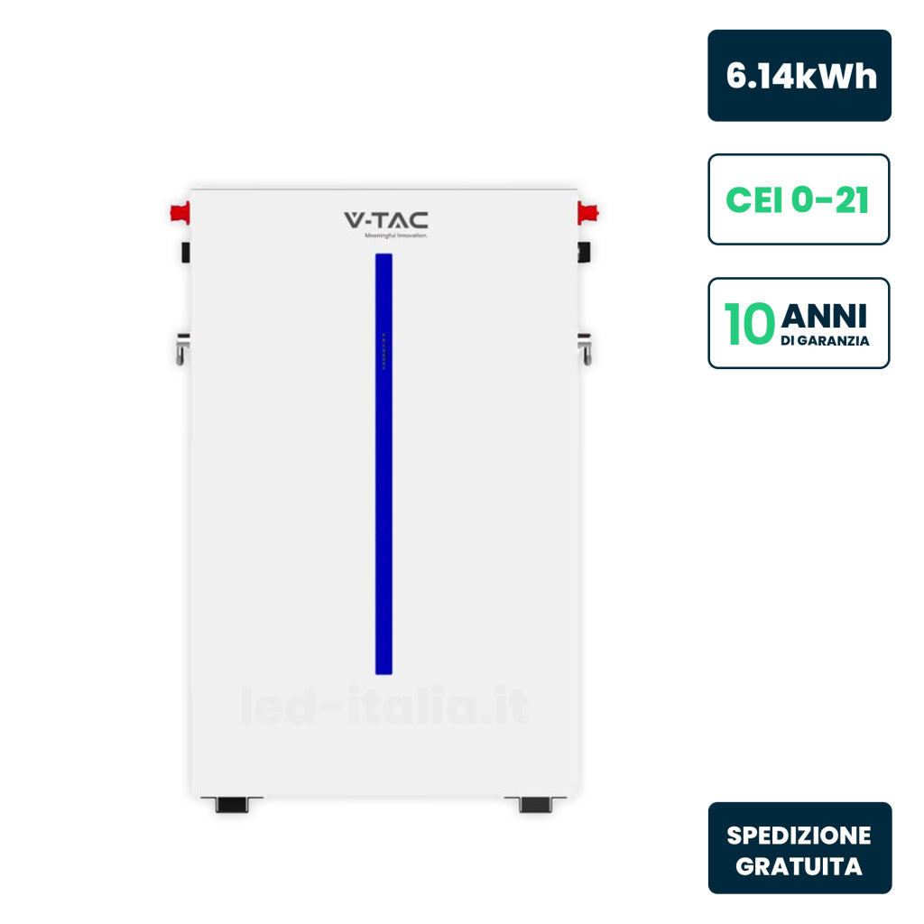 V-TAC Batteria di Accumulo 6.14kWh al Litio-Ferro-Fosfato LiFePO4 BMS Integrato per Inverter Fotovoltaici CEI 0-21 51.2V 120Ah Garanzia 10 Anni IP65