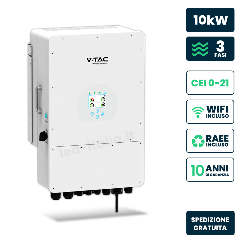 V-TAC Inverter Fotovoltaico Deye Trifase Ibrido On-Grid/Off-Grid 10kW CEI 0-21 con Schermo LCD Touch a Colori WiFi e TA Inclusi Garanzia 10 Anni IP65