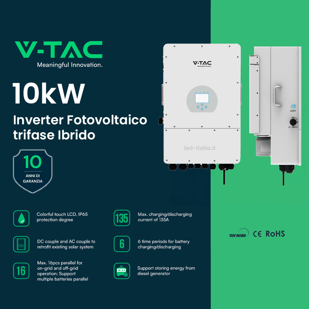 V-TAC Inverter Fotovoltaico Deye Trifase Ibrido On-Grid/Off-Grid 10kW CEI 0-21 con Schermo LCD Touch a Colori WiFi e TA Inclusi Garanzia 10 Anni IP65