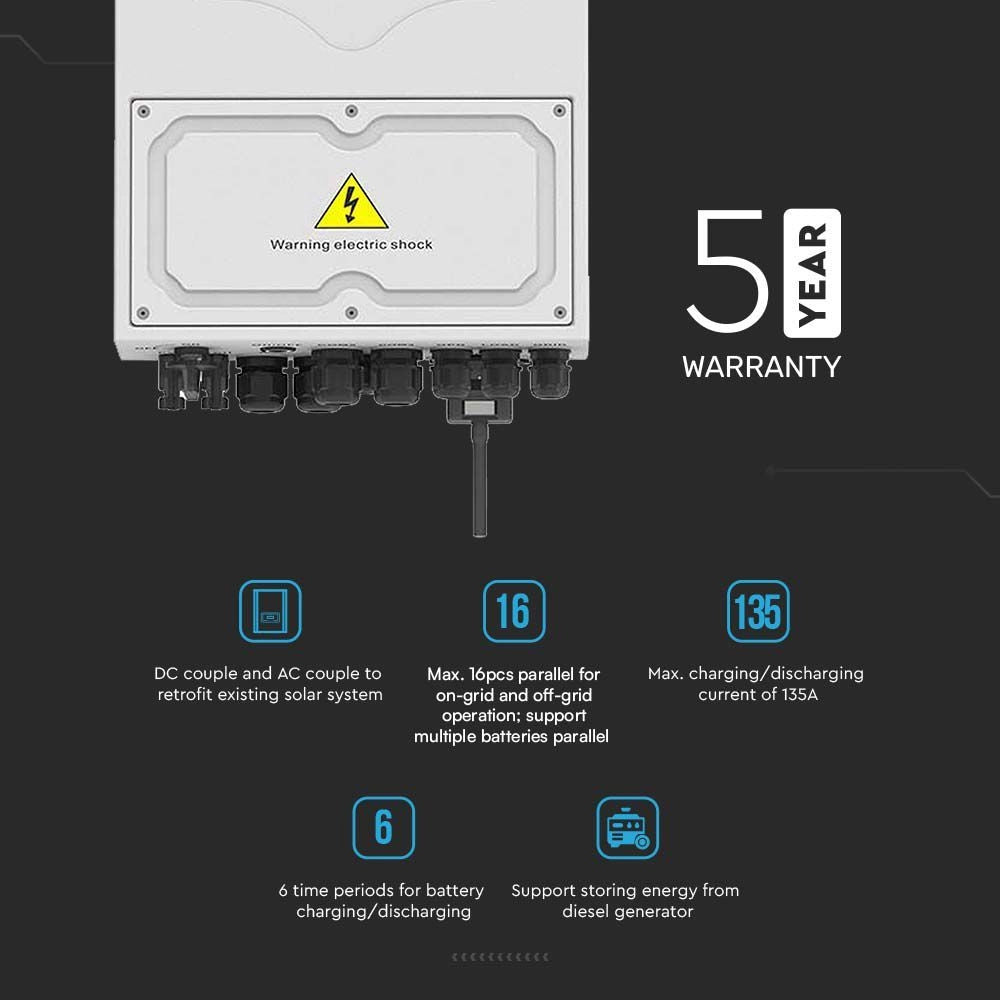 V-TAC Inverter Fotovoltaico Deye Monofase Ibrido On-Grid/Off-Grid 5kW CEI 0-21 con Schermo LCD Touch a Colori WiFi e TA Inclusi Garanzia 10 Anni IP65