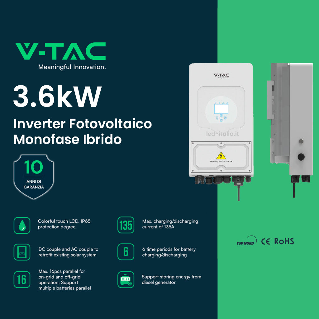 V-TAC Inverter Fotovoltaico Deye Monofase Ibrido On-Grid/Off-Grid 3.6kW CEI 0-21 con Schermo LCD Touch a Colori WiFi e TA Inclusi Garanzia 10 Anni IP65