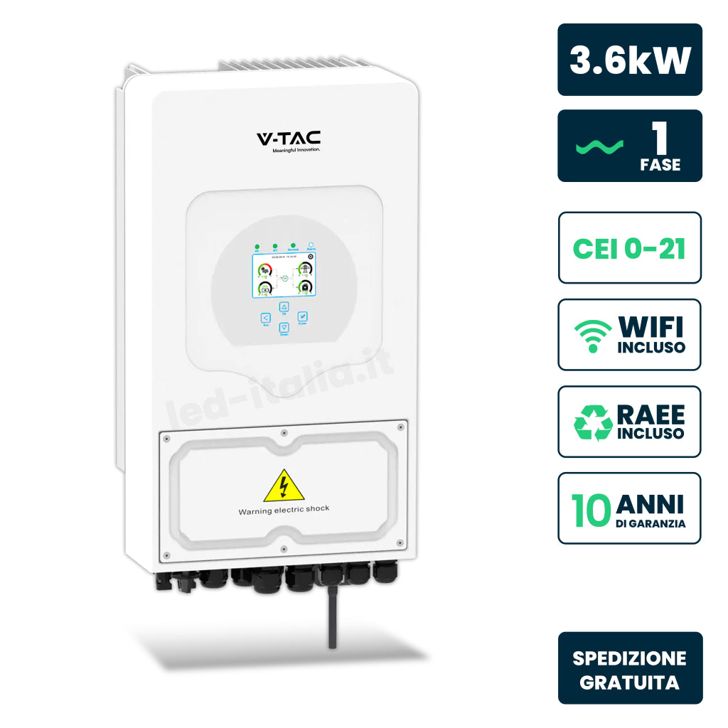 V-TAC Inverter Fotovoltaico Deye Monofase Ibrido On-Grid/Off-Grid 3.6kW CEI 0-21 con Schermo LCD Touch a Colori WiFi e TA Inclusi Garanzia 10 Anni IP65