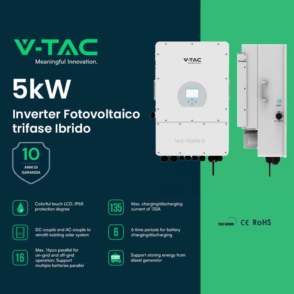 V-TAC Inverter Fotovoltaico Deye Trifase Ibrido On-Grid/Off-Grid 5kW CEI 0-21 con Schermo LCD Touch a Colori WiFi e TA Inclusi Garanzia 10 Anni IP65