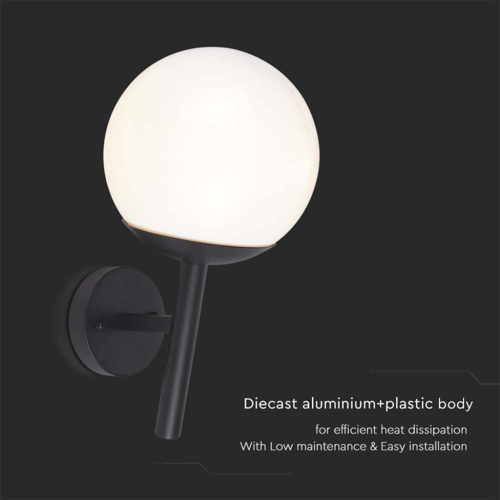 V-TAC Lampada LED da Muro con Sfera Opale e Portalampada E27 Colore Nero Opaco IP44