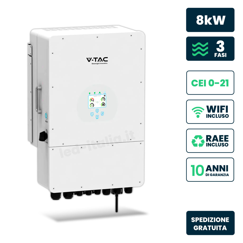 V-TAC Inverter Fotovoltaico Deye Trifase Ibrido On-Grid/Off-Grid 8kW CEI 0-21 con Schermo LCD Touch a Colori WiFi e TA Inclusi Garanzia 10 Anni IP65