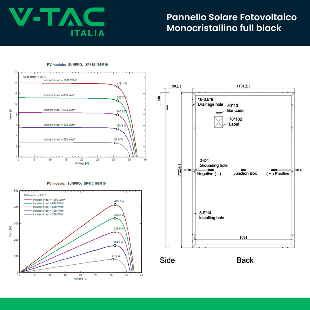 V-TAC Modulo Fotovoltaico SUNPRO TIER-1 da 400W Classe 1, Monocristallino Full Black IP67/IP68