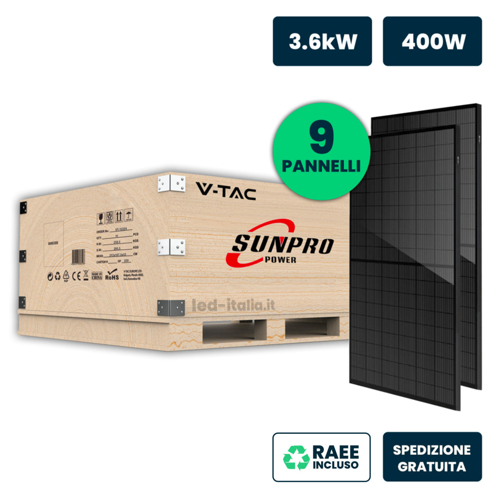 V-TAC Set 3.6kW (3600W) con 9 Moduli Fotovoltaici SUNPRO TIER-1 da 400W Classe 1, Monocristallini Full Black IP67/IP68 (SKU 11897)