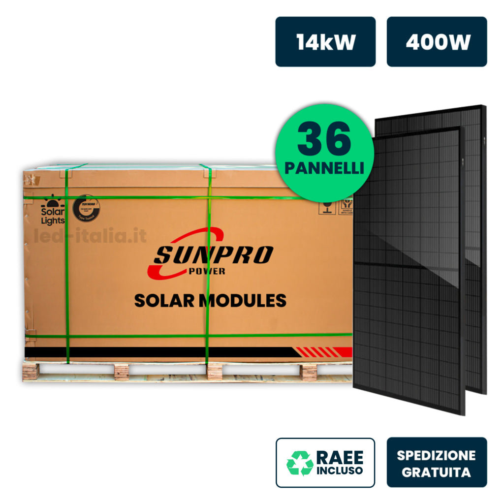 V-TAC Bancale 14kW con 36 Moduli Fotovoltaici SUNPRO TIER-1 da 400W Classe 1 Monocristallini Full Black IP67/IP68 (SKU 11897)