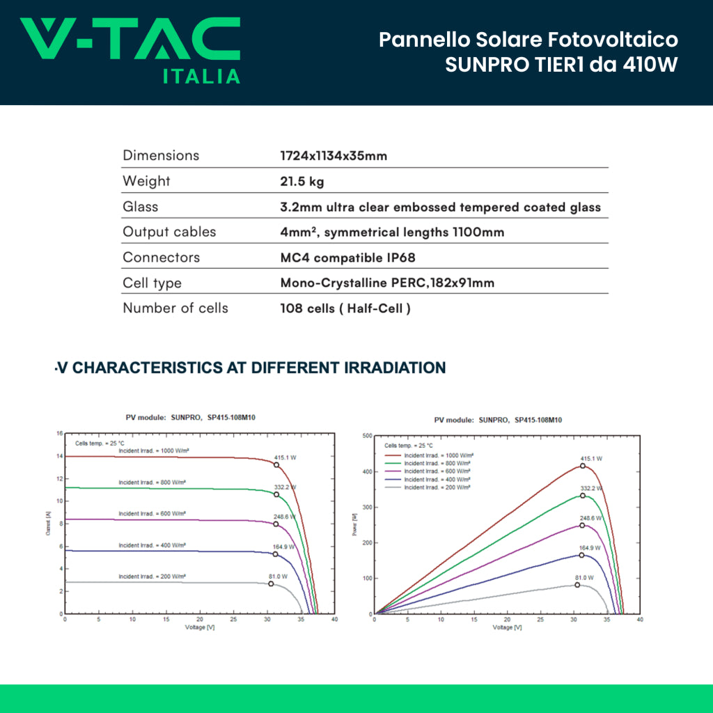 V-TAC Modulo Fotovoltaico SUNPRO TIER-1 da 410W Monocristallini Silver Frame IP67/IP68