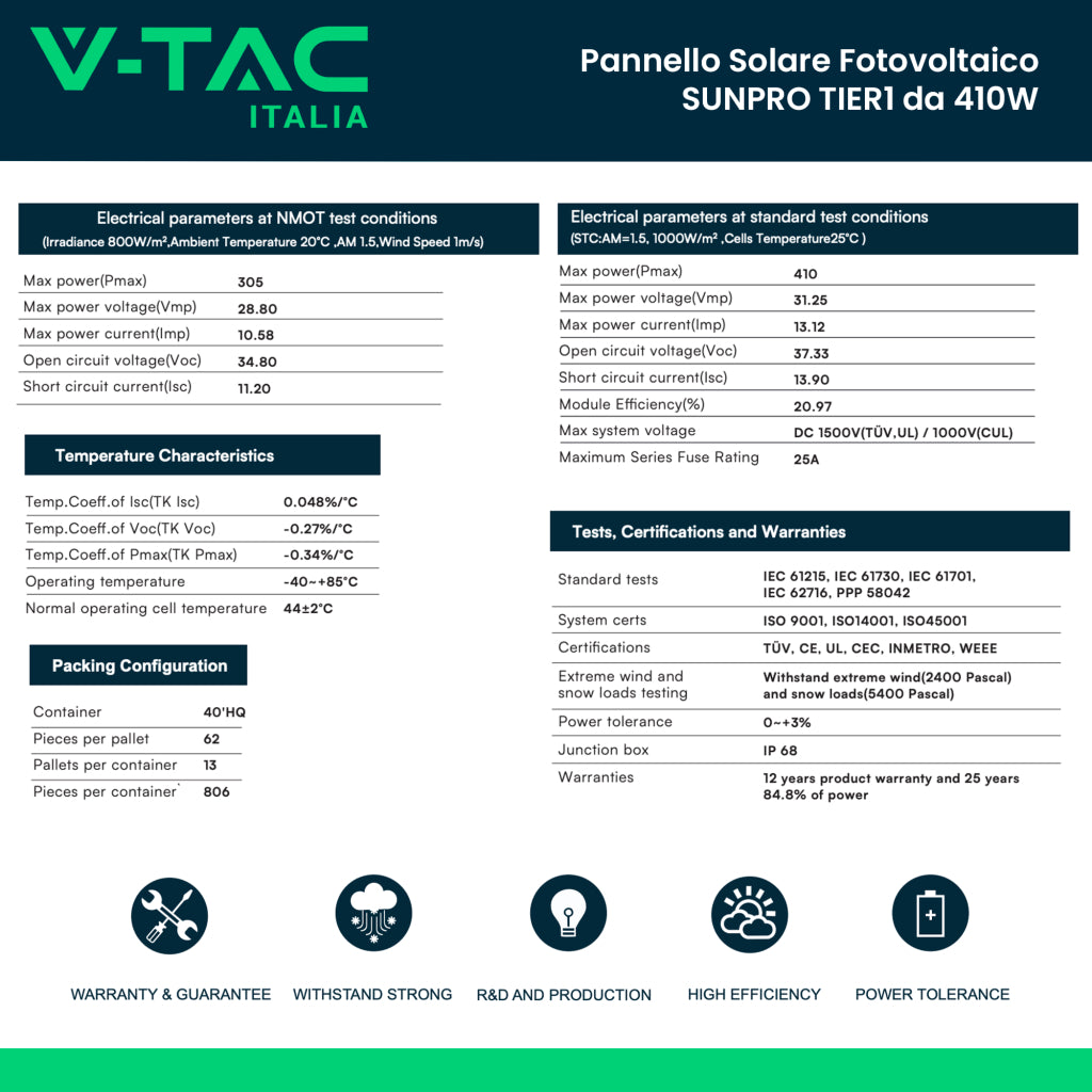 V-TAC Modulo Fotovoltaico SUNPRO TIER-1 da 410W Monocristallini Silver Frame IP67/IP68