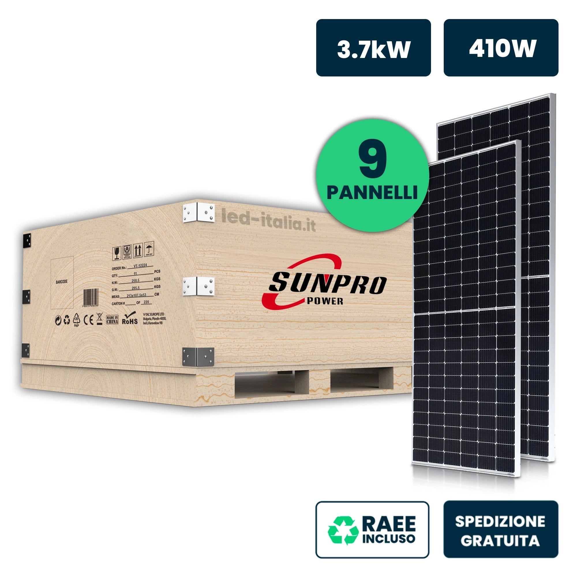 V-TAC Set 3.7kW (3690W) con 9 Moduli Fotovoltaici SUNNPRO TIER-1 da 410W, Monocristallini Silver Frame IP67/IP68 (SKU 11899)