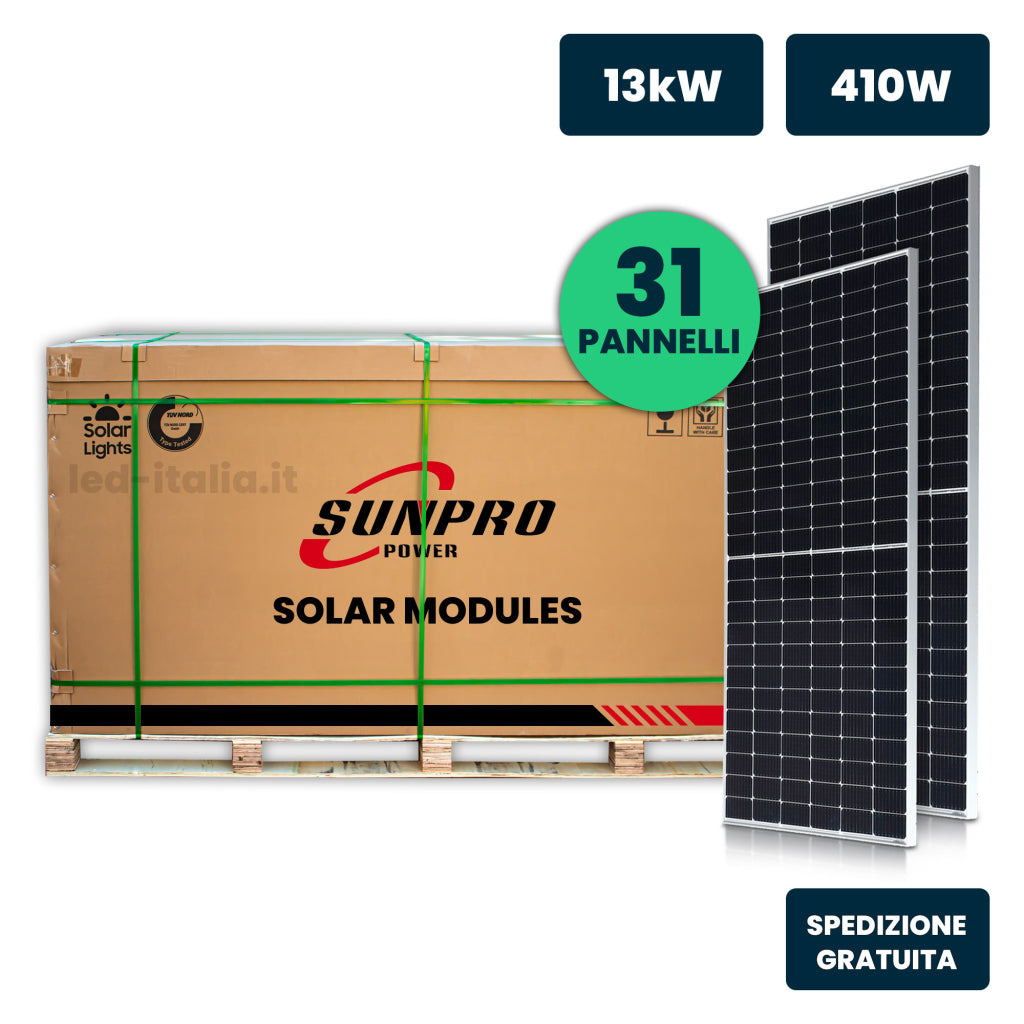 V-TAC Bancale 13kW con 31 Moduli Fotovoltaici SUNPRO TIER-1 da 410W Classe 1, Monocristallini Silver Frame IP67/IP68 (SKU 11899)