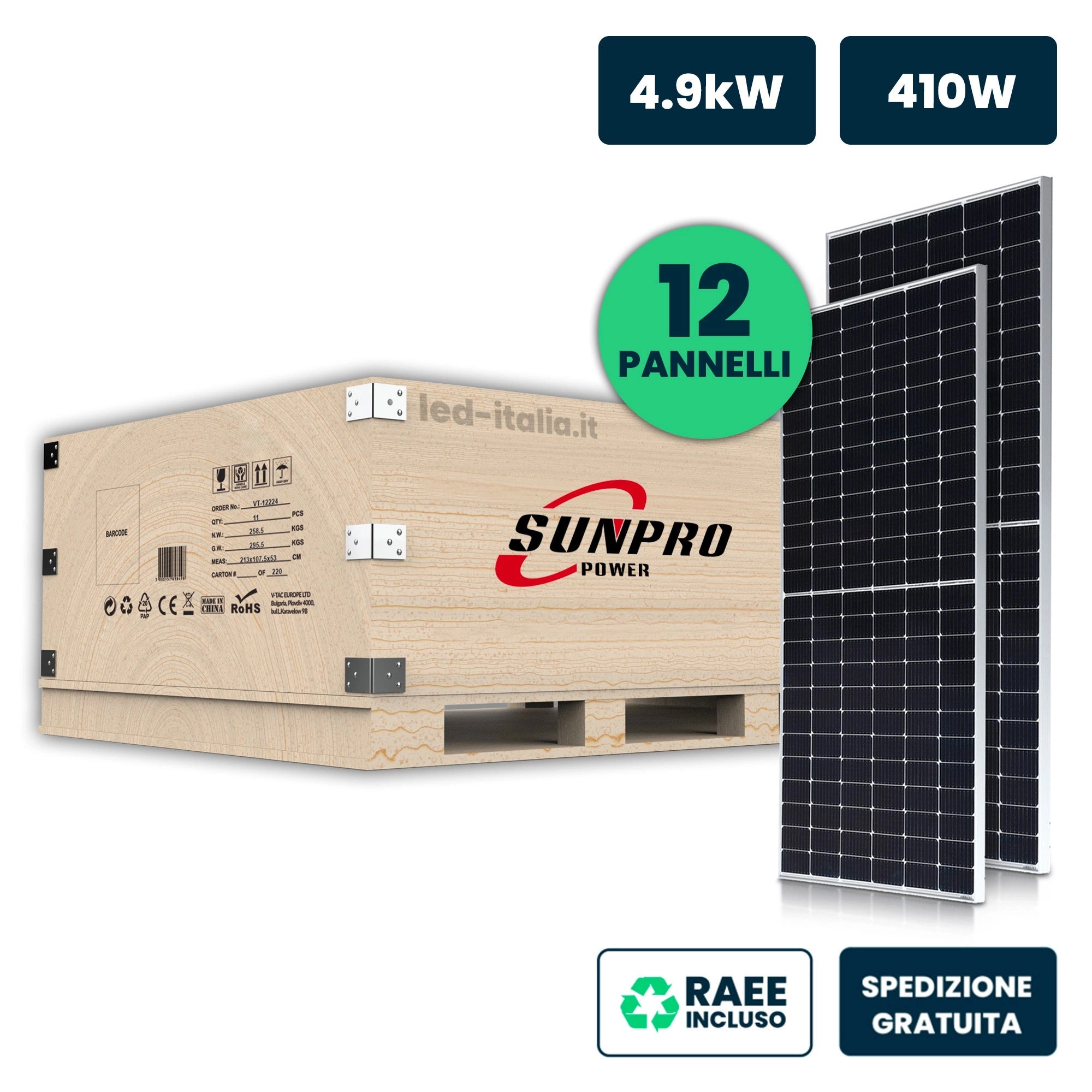 V-TAC Set 4.9kW (4920W) con 12 Moduli Fotovoltaici SUNNPRO TIER-1 da 410W, Monocristallini Silver Frame  IP67/IP68 (SKU 11899)