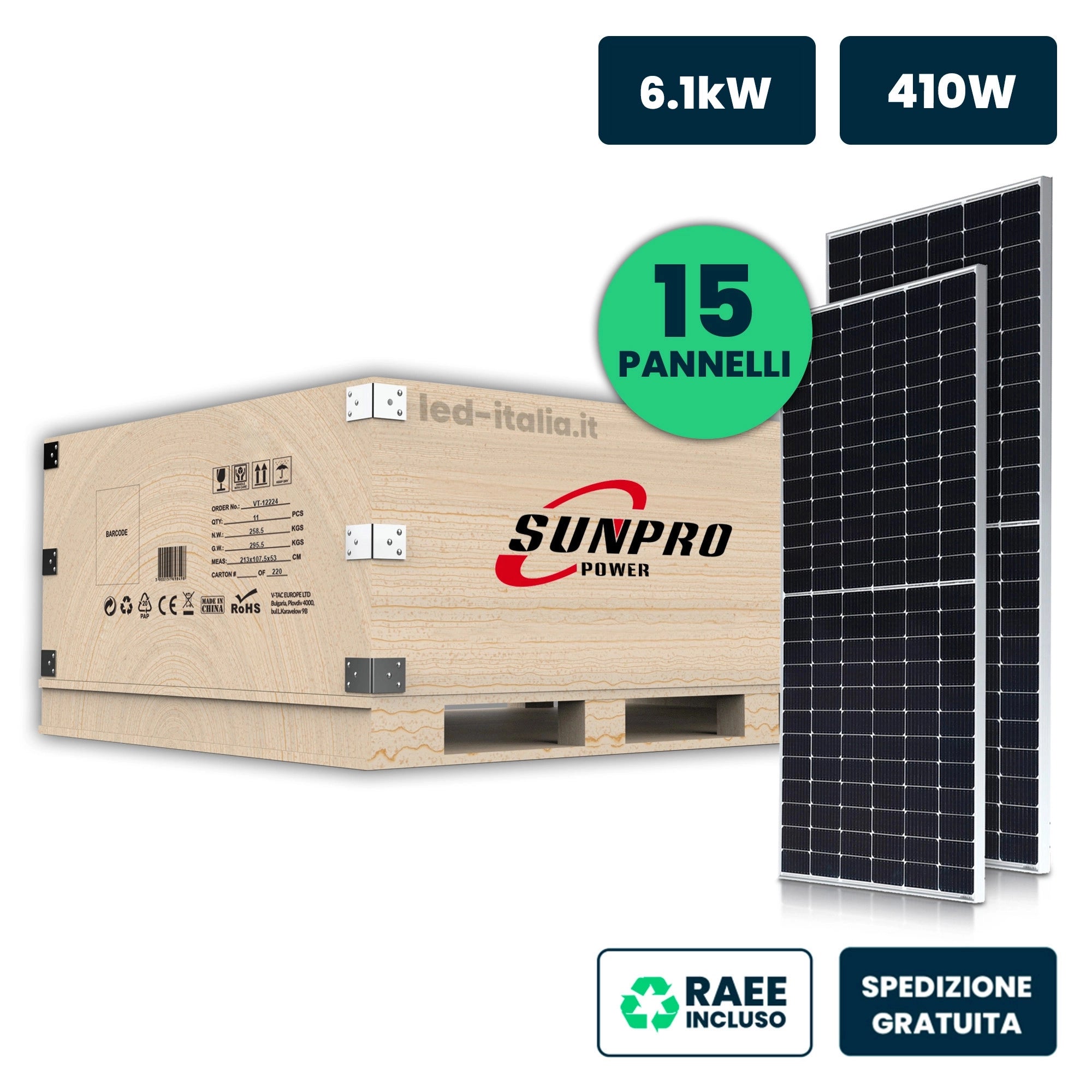 V-TAC Set 6.1kW (6150W) con 15 Moduli Fotovoltaici SUNNPRO TIER-1 da 410W, Monocristallini Silver Frame IP67/IP68 (SKU 11899)