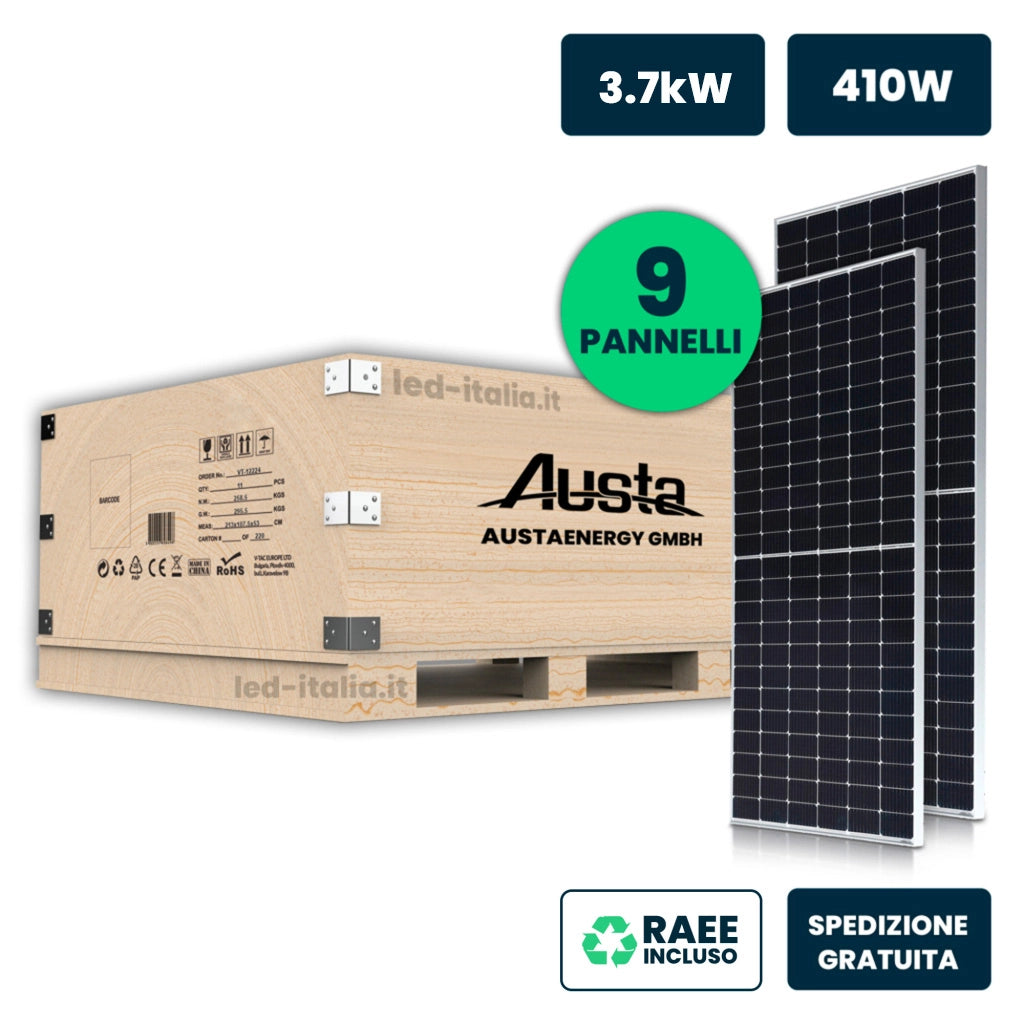 V-TAC Set 3.7kW (3690W) con 9 Moduli Fotovoltaici AUSTA da 410W Monocristallini Silver Frame IP67/IP68 (SKU 11910)