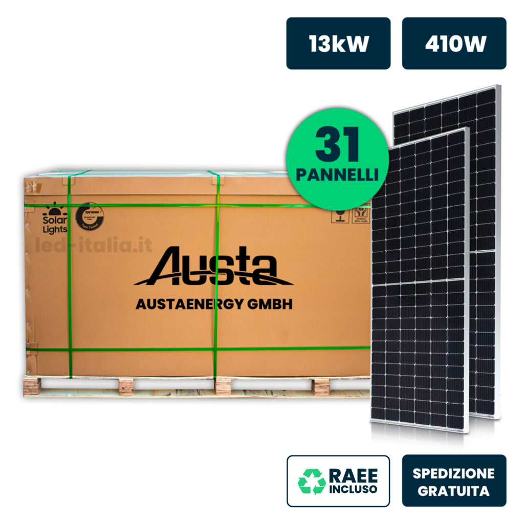 V-TAC Bancale 13kW con 31 Moduli Fotovoltaici AUSTA da 410W Silver Frame IP67/IP68 (SKU 11910)