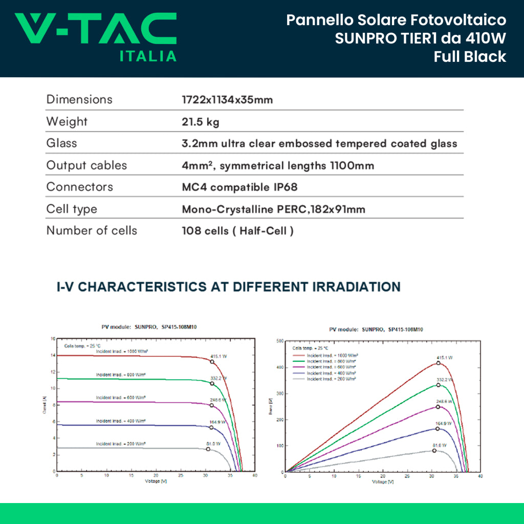 V-TAC Set 3.7kW (3690W) con 9 Moduli Fotovoltaici SUNPRO TIER-1 da 410W Monocristallini Full Black IP67/IP68 (SKU 11912)